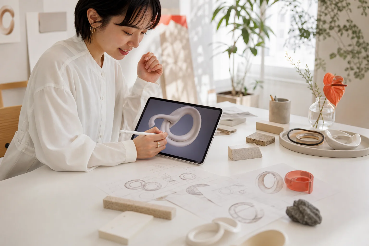 タブレットを使い、自由な発想から新しいアイテムをデザインする様子